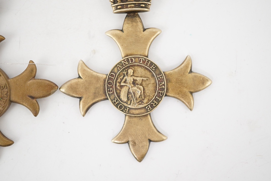 Three George V Orders; a 1st type military OBE, a 2nd type civil OBE and a 2nd type military MBE. Condition - fair to good.